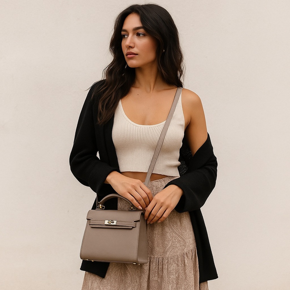 💎🎂 597. Taupe Beige Vegan Leather Satchel Crossbody Bag w/ Gold Hardware